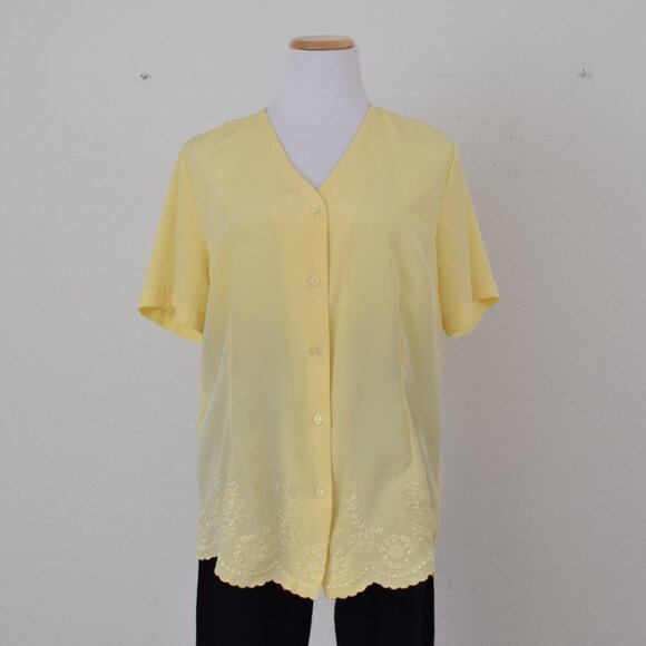 Vintage 90s Yellow Polyester Embroidered Blouse | size Large - Picture 6 of 12